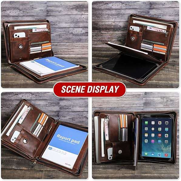 CataPurus Top Grain Leather 12.9" Strap Large Portfolio, Handmade Retro Design, Large Capacity Multi-Functional Business Zip Padfolio, Holder for Cards/Tablet/Phone/AirTag/A4 Doc, Red Coffee 12.9 Inch - Image 2