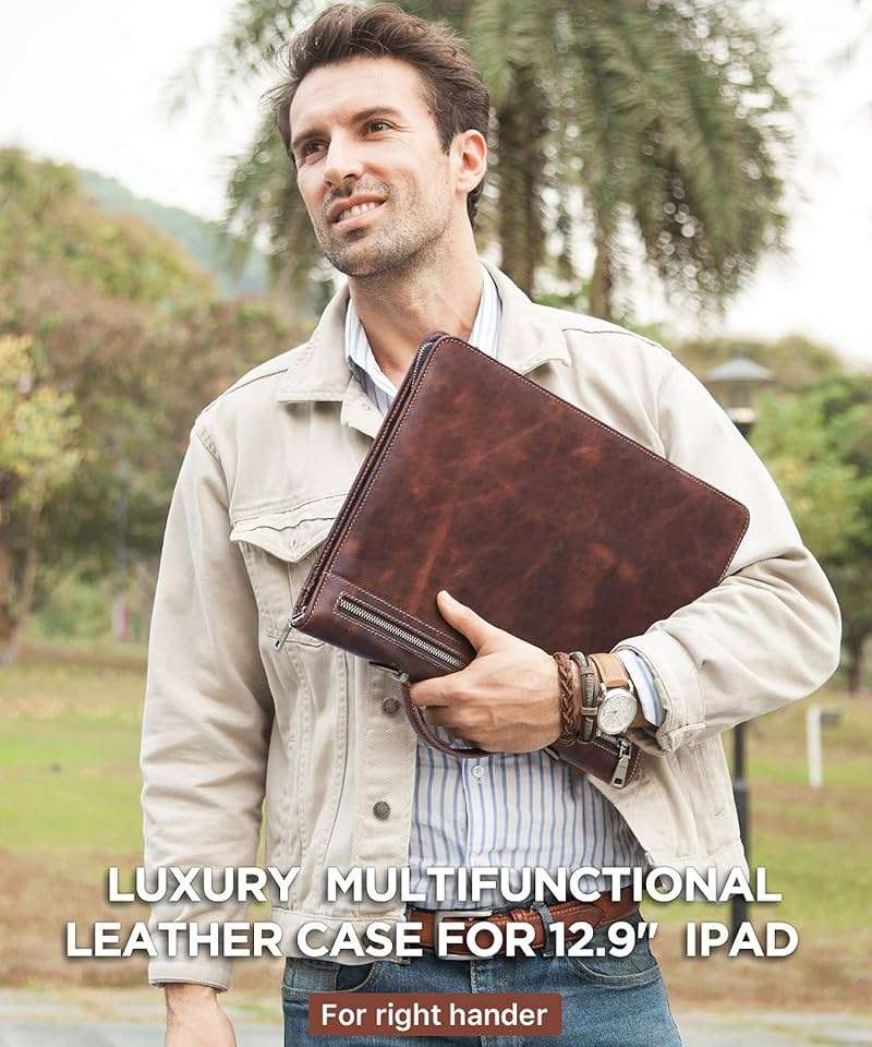 CataPurus Top Grain Leather 12.9" Strap Large Portfolio, Handmade Retro Design, Large Capacity Multi-Functional Business Zip Padfolio, Holder for Cards/Tablet/Phone/AirTag/A4 Doc, Red Coffee 12.9 Inch - Image 3