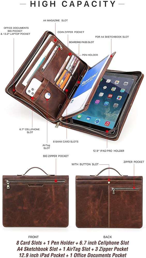 CataPurus Top Grain Leather 12.9" Strap Large Portfolio, Handmade Retro Design, Large Capacity Multi-Functional Business Zip Padfolio, Holder for Cards/Tablet/Phone/AirTag/A4 Doc, Red Coffee 12.9 Inch - Image 4