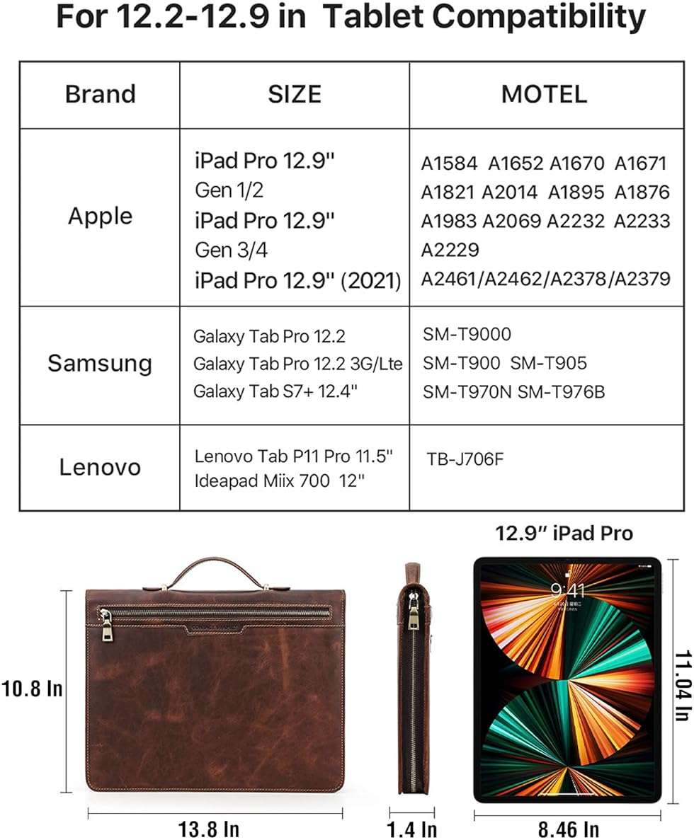CataPurus Top Grain Leather 12.9" Strap Large Portfolio, Handmade Retro Design, Large Capacity Multi-Functional Business Zip Padfolio, Holder for Cards/Tablet/Phone/AirTag/A4 Doc, Red Coffee 12.9 Inch - Image 5