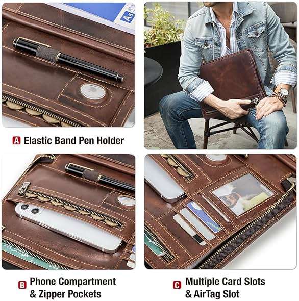 CataPurus Top Grain Leather 12.9" Strap Large Portfolio, Handmade Retro Design, Large Capacity Multi-Functional Business Zip Padfolio, Holder for Cards/Tablet/Phone/AirTag/A4 Doc, Red Coffee 12.9 Inch - Image 6