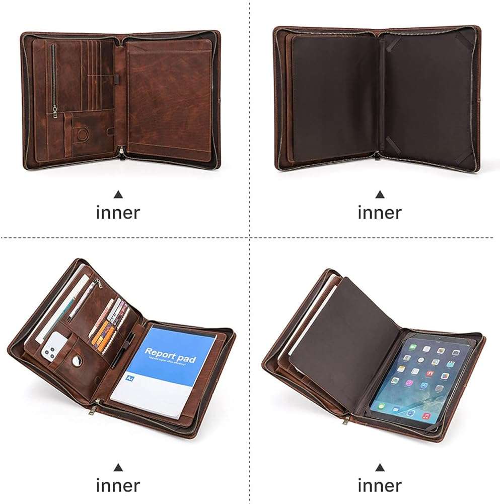 CataPurus Top Grain Leather 12.9" Strap Large Portfolio, Handmade Retro Design, Large Capacity Multi-Functional Business Zip Padfolio, Holder for Cards/Tablet/Phone/AirTag/A4 Doc, Red Coffee 12.9 Inch - Image 7
