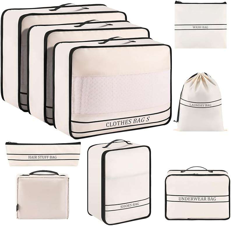 Ougrand 9 Set Packing Cubes Luggage Packing Organizers for Travel Accessories Space Saving Travel Bags for Carry On, Lightweight Mesh Zipper, Clothes, Shoes, Laundry and Shoe Bag, Suitcases (Cream) - Image 1