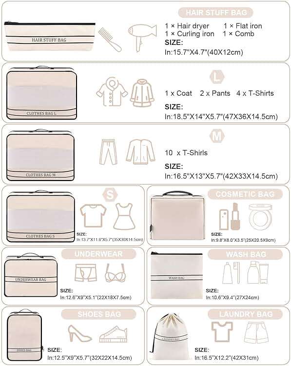 Ougrand 9 Set Packing Cubes Luggage Packing Organizers for Travel Accessories Space Saving Travel Bags for Carry On, Lightweight Mesh Zipper, Clothes, Shoes, Laundry and Shoe Bag, Suitcases (Cream) - Image 4