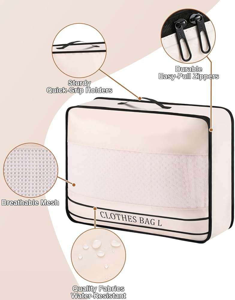 Ougrand 9 Set Packing Cubes Luggage Packing Organizers for Travel Accessories Space Saving Travel Bags for Carry On, Lightweight Mesh Zipper, Clothes, Shoes, Laundry and Shoe Bag, Suitcases (Cream) - Image 5