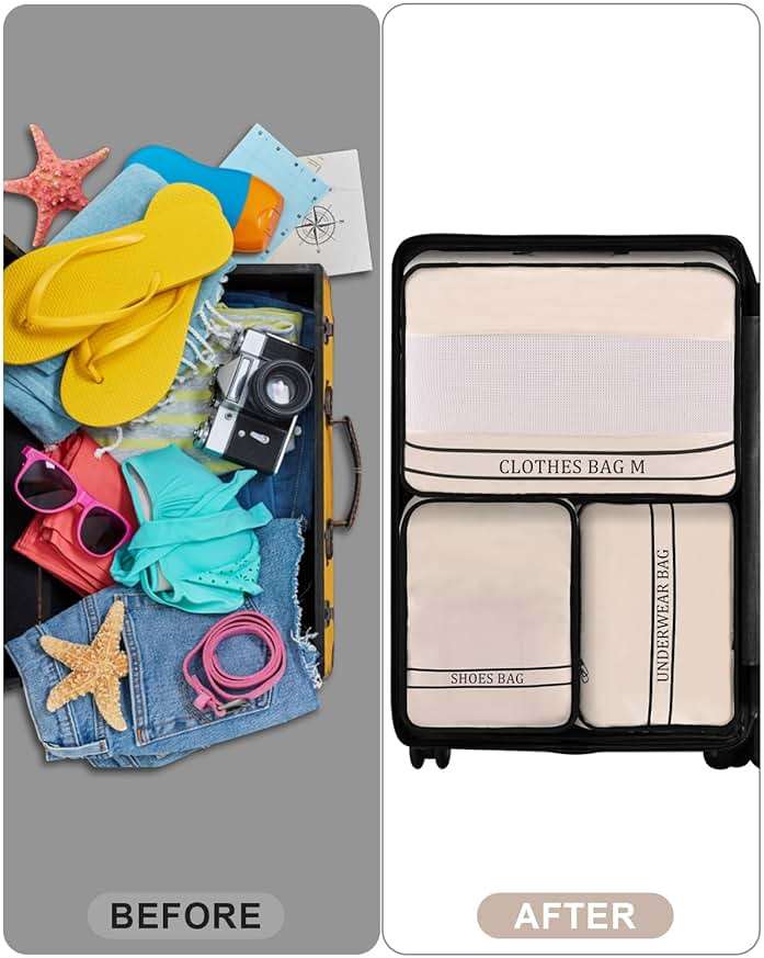 Ougrand 9 Set Packing Cubes Luggage Packing Organizers for Travel Accessories Space Saving Travel Bags for Carry On, Lightweight Mesh Zipper, Clothes, Shoes, Laundry and Shoe Bag, Suitcases (Cream) - Image 6