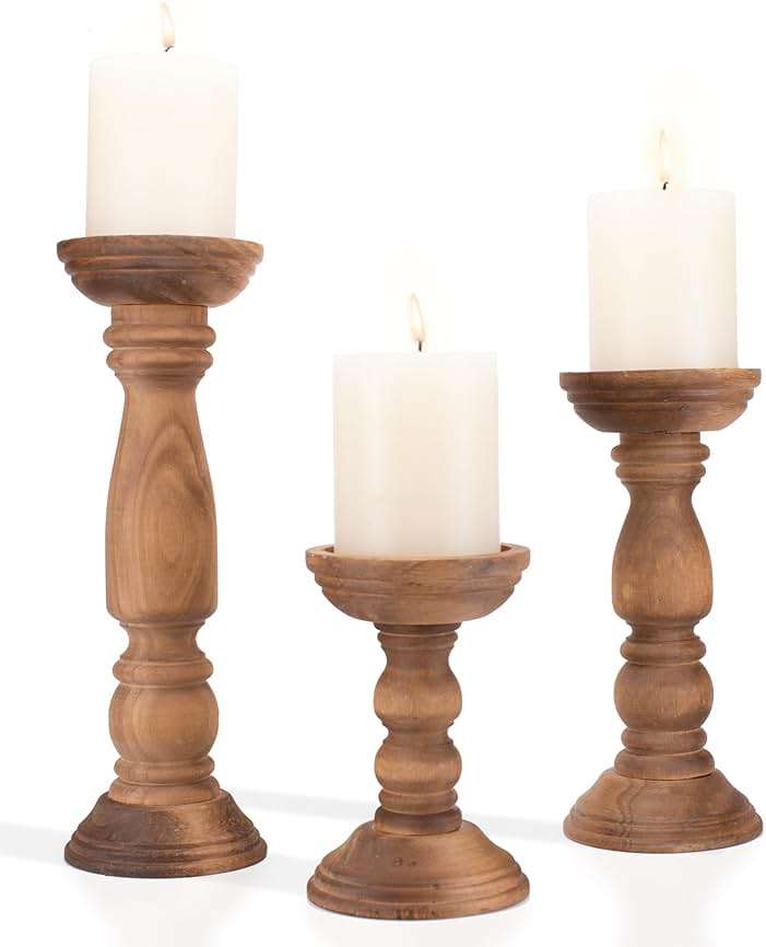 BANOMII Farmhouse Wooden Candle Holders for Pillar Candles Set of 3, Rustic Wood Candle Holder Table Centerpiece Decor, 12'' 9'' 6'' Vintage Tall Candle Stand Decorative, Brown - Image 1