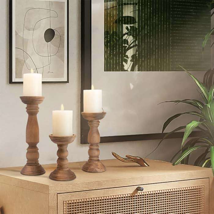BANOMII Farmhouse Wooden Candle Holders for Pillar Candles Set of 3, Rustic Wood Candle Holder Table Centerpiece Decor, 12'' 9'' 6'' Vintage Tall Candle Stand Decorative, Brown - Image 2