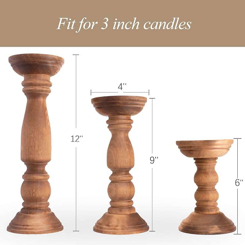 BANOMII Farmhouse Wooden Candle Holders for Pillar Candles Set of 3, Rustic Wood Candle Holder Table Centerpiece Decor, 12'' 9'' 6'' Vintage Tall Candle Stand Decorative, Brown - Image 3