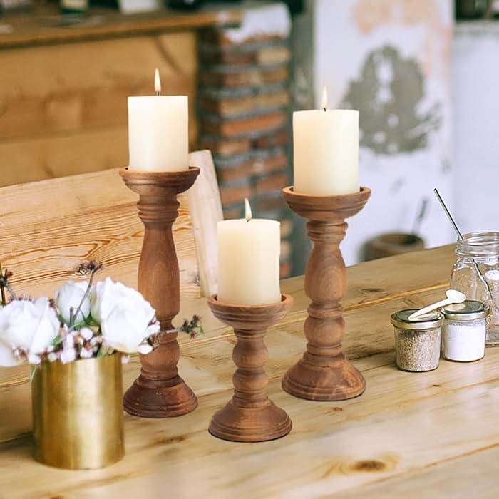 BANOMII Farmhouse Wooden Candle Holders for Pillar Candles Set of 3, Rustic Wood Candle Holder Table Centerpiece Decor, 12'' 9'' 6'' Vintage Tall Candle Stand Decorative, Brown - Image 5