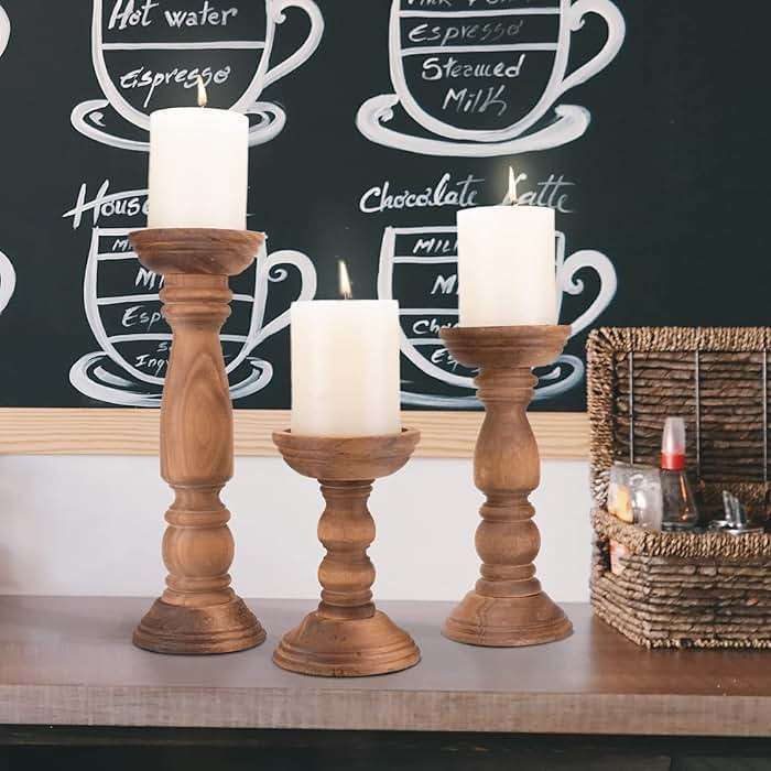 BANOMII Farmhouse Wooden Candle Holders for Pillar Candles Set of 3, Rustic Wood Candle Holder Table Centerpiece Decor, 12'' 9'' 6'' Vintage Tall Candle Stand Decorative, Brown - Image 6