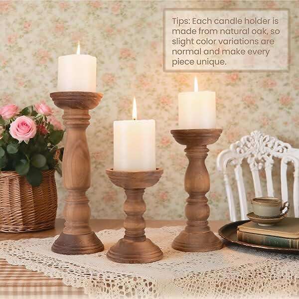 BANOMII Farmhouse Wooden Candle Holders for Pillar Candles Set of 3, Rustic Wood Candle Holder Table Centerpiece Decor, 12'' 9'' 6'' Vintage Tall Candle Stand Decorative, Brown - Image 7