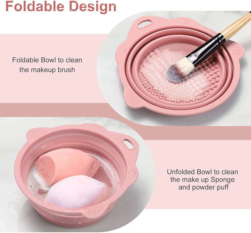 Foldable Silicone Makeup Brush Cleaner Bowl - Etercycle Portable Cleaning Tool for Brushes, Powder Puffs, and Sponges (Pink) - Image 2