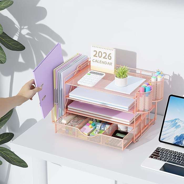 gianotter Desk Organizers and Accessories with File Holder, 4-Tier Desk Accessories & Workspace Organizers with Drawer and 2 Pen Holder, Paper Organizer for Office Supplies (Rose Gold) - Image 2
