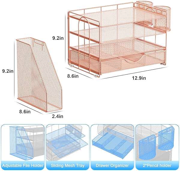 gianotter Desk Organizers and Accessories with File Holder, 4-Tier Desk Accessories & Workspace Organizers with Drawer and 2 Pen Holder, Paper Organizer for Office Supplies (Rose Gold) - Image 3