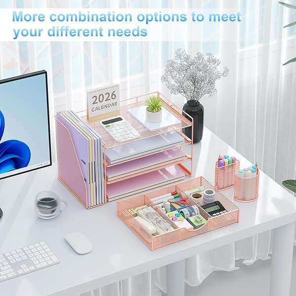 gianotter Desk Organizers and Accessories with File Holder, 4-Tier Desk Accessories & Workspace Organizers with Drawer and 2 Pen Holder, Paper Organizer for Office Supplies (Rose Gold) - Image 5