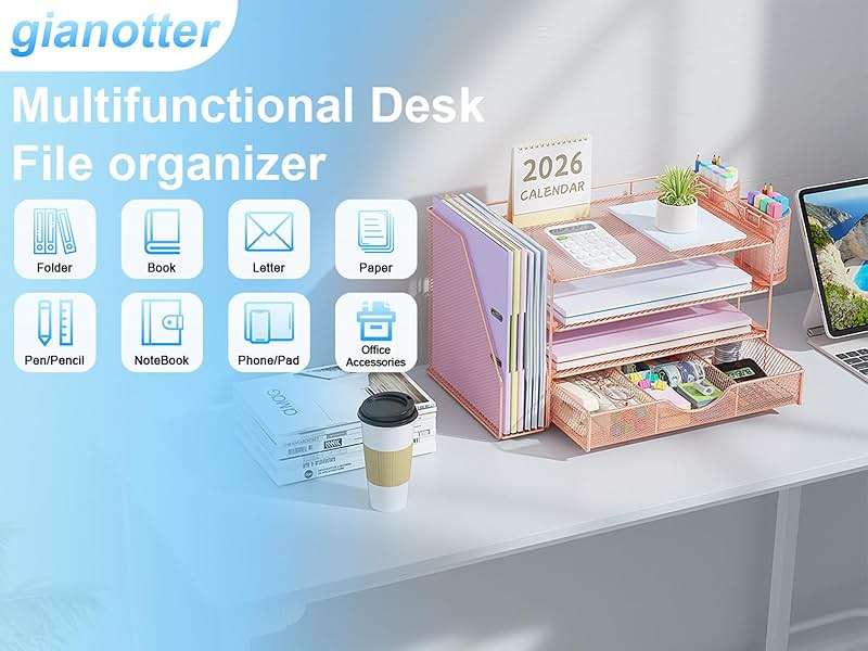 gianotter Desk Organizers and Accessories with File Holder, 4-Tier Desk Accessories & Workspace Organizers with Drawer and 2 Pen Holder, Paper Organizer for Office Supplies (Rose Gold) - Image 6
