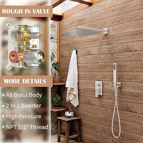 Alesco Shower System, Brushed Nickel Shower Faucet Set with 10-Inch High-Pressure Rainfall Showerheads and Handheld Spray combo, Showerfixture Include Valve and Trim Kit, Brushed Nickel - Image 4