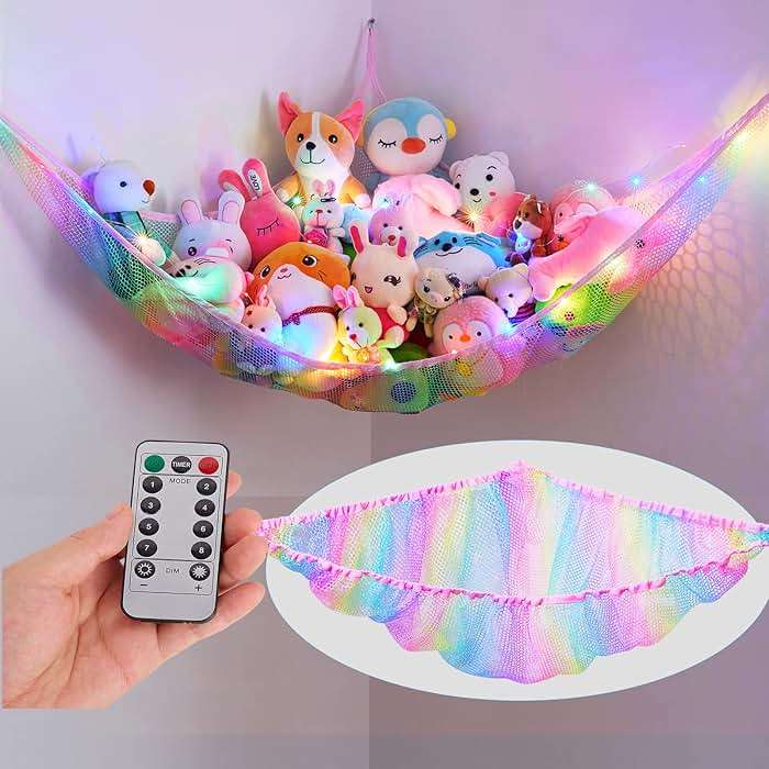 Unicorn Castle Stuffed Animals Net Hammock Toy Storage with LED Light Plush Toy Organizer Corner Hanging Stuffed Animals Holder For Nursery Room Decor - Image 1