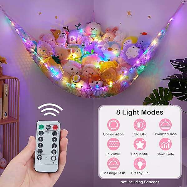 Unicorn Castle Stuffed Animals Net Hammock Toy Storage with LED Light Plush Toy Organizer Corner Hanging Stuffed Animals Holder For Nursery Room Decor - Image 3