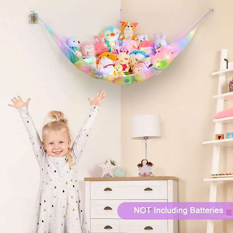 Unicorn Castle Stuffed Animals Net Hammock Toy Storage with LED Light Plush Toy Organizer Corner Hanging Stuffed Animals Holder For Nursery Room Decor - Image 5