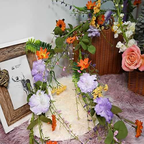LVLFOR 2PCS Artificial Daisy Garland, 6FT Faux Flower Hanging Vine, Purple Flowers Ivy, Spring Garland with Eucalyptus Boston Fern Vine for Sign Board Party Home Decor - Image 3