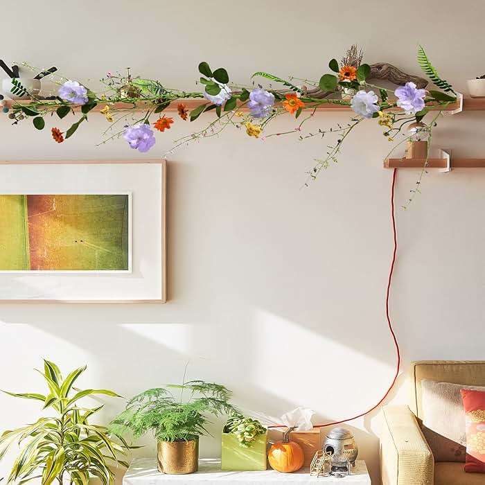 LVLFOR 2PCS Artificial Daisy Garland, 6FT Faux Flower Hanging Vine, Purple Flowers Ivy, Spring Garland with Eucalyptus Boston Fern Vine for Sign Board Party Home Decor - Image 4