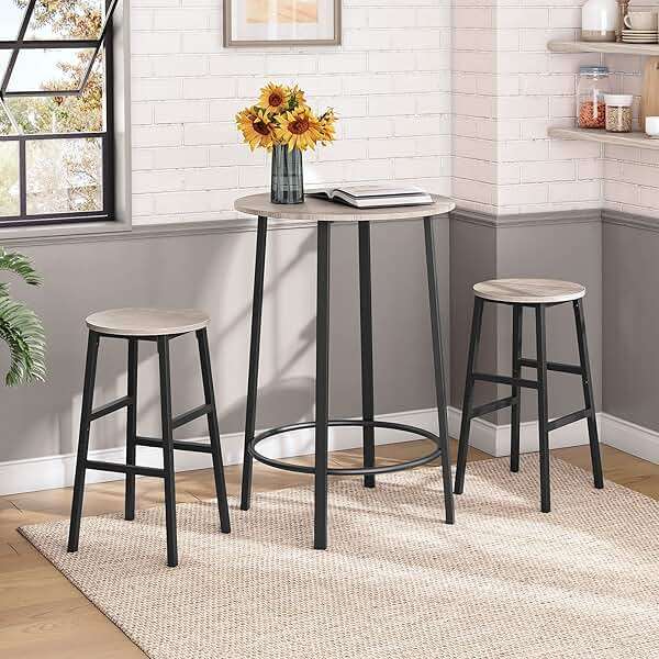 MAHANCRIS Bar Stools, Set of 2 Round Bar Chairs with Footrest, 24.4 Inch Kitchen Breakfast Bar Chairs, Industrial Bar Stools, Easy Assembly, for Dining Room, Kitchen, Greige BAHG0201Z - Image 2