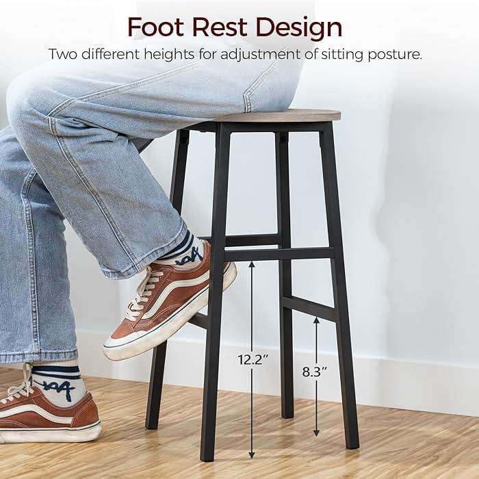 MAHANCRIS Bar Stools, Set of 2 Round Bar Chairs with Footrest, 24.4 Inch Kitchen Breakfast Bar Chairs, Industrial Bar Stools, Easy Assembly, for Dining Room, Kitchen, Greige BAHG0201Z - Image 7