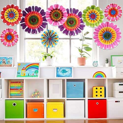 Outus Flower Hanging Decorations Summer Paper Fans Classroom Ceiling Wall Decor Colorful Bloom Paper Fan for Wedding Birthday Birthday Party Supplies(9 Pcs,Spring Flower) - Image 2