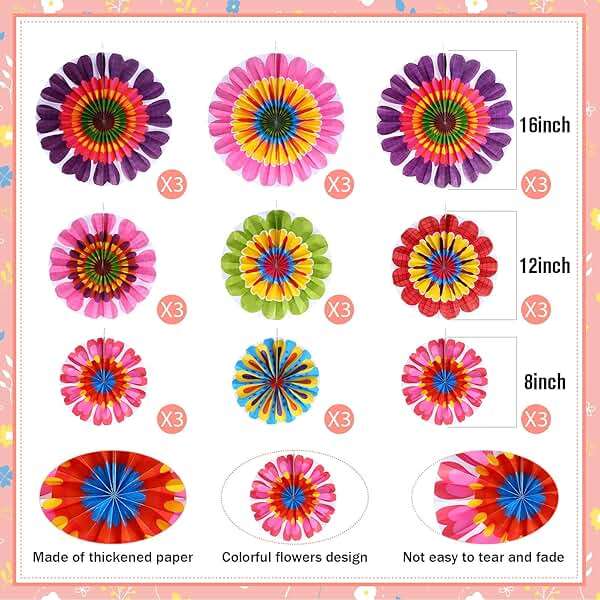 Outus Flower Hanging Decorations Summer Paper Fans Classroom Ceiling Wall Decor Colorful Bloom Paper Fan for Wedding Birthday Birthday Party Supplies(9 Pcs,Spring Flower) - Image 3