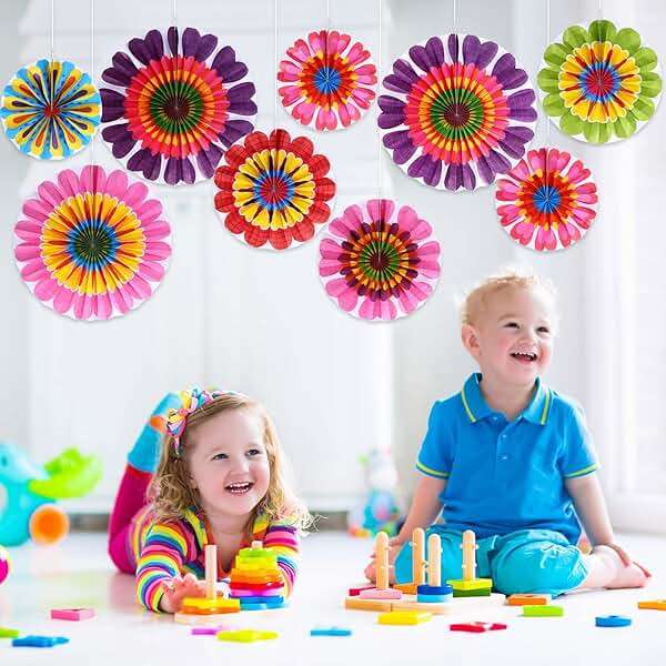 Outus Flower Hanging Decorations Summer Paper Fans Classroom Ceiling Wall Decor Colorful Bloom Paper Fan for Wedding Birthday Birthday Party Supplies(9 Pcs,Spring Flower) - Image 6