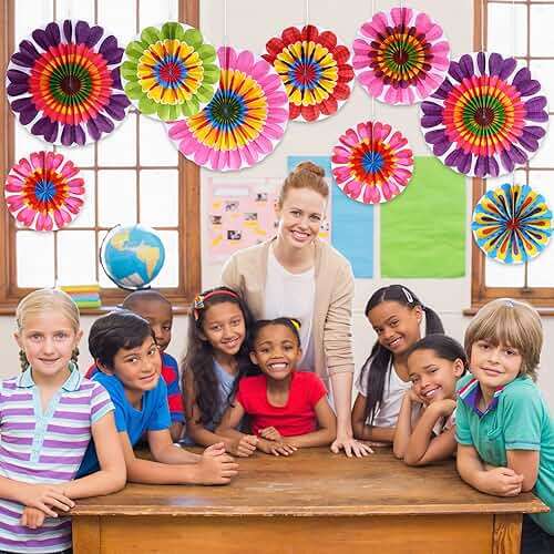 Outus Flower Hanging Decorations Summer Paper Fans Classroom Ceiling Wall Decor Colorful Bloom Paper Fan for Wedding Birthday Birthday Party Supplies(9 Pcs,Spring Flower) - Image 7