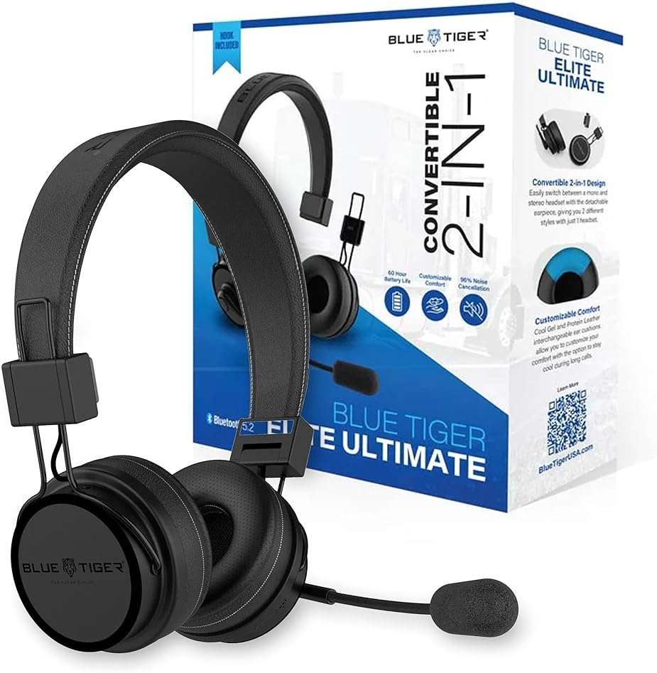 Blue Tiger Premium Elite Ultimate Single and Dual Ear 2-in-1 Bluetooth Headset – Professional Noise Cancellation Head Set with Microphone – USB-C Fast Charge & Long Battery Life - Image 1