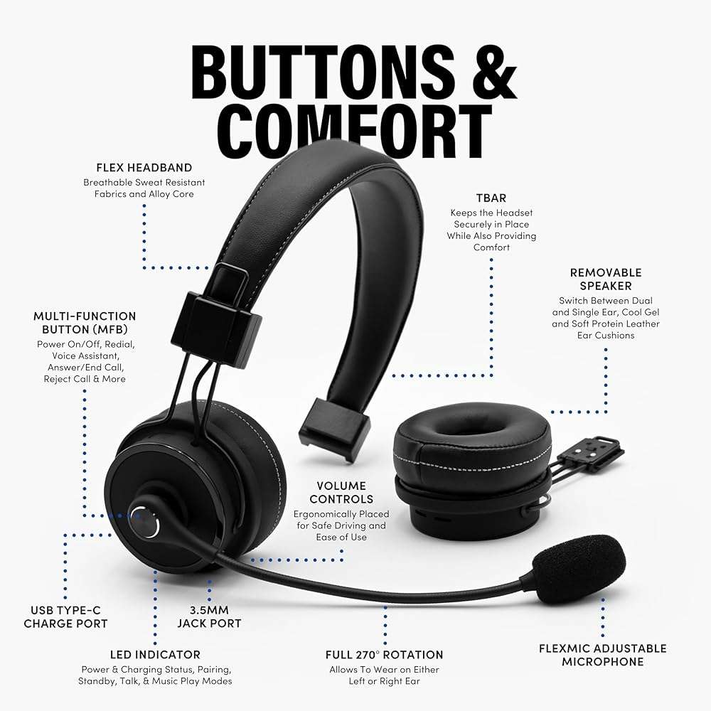 Blue Tiger Premium Elite Ultimate Single and Dual Ear 2-in-1 Bluetooth Headset – Professional Noise Cancellation Head Set with Microphone – USB-C Fast Charge & Long Battery Life - Image 2