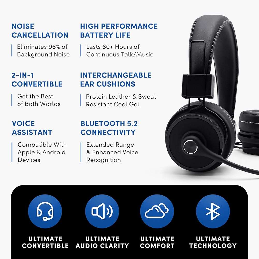 Blue Tiger Premium Elite Ultimate Single and Dual Ear 2-in-1 Bluetooth Headset – Professional Noise Cancellation Head Set with Microphone – USB-C Fast Charge & Long Battery Life - Image 3
