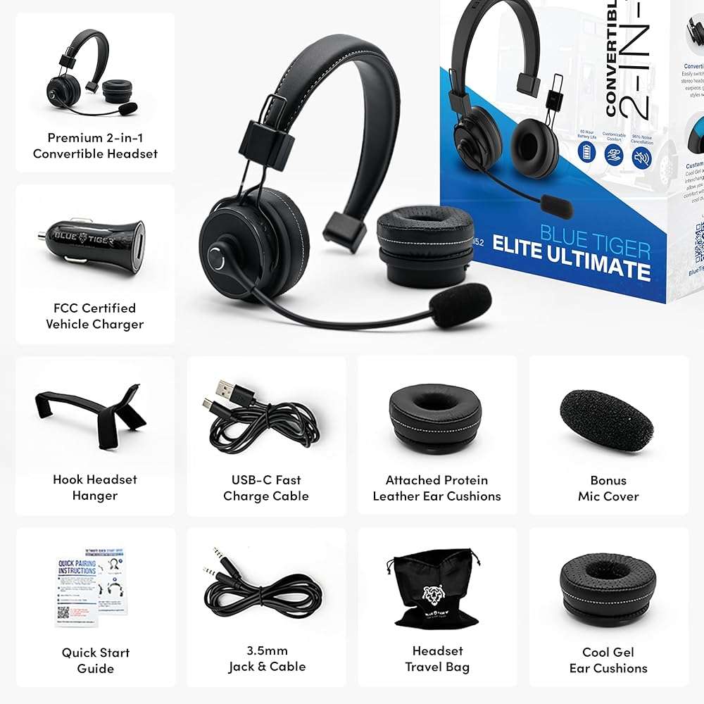 Blue Tiger Premium Elite Ultimate Single and Dual Ear 2-in-1 Bluetooth Headset – Professional Noise Cancellation Head Set with Microphone – USB-C Fast Charge & Long Battery Life - Image 4