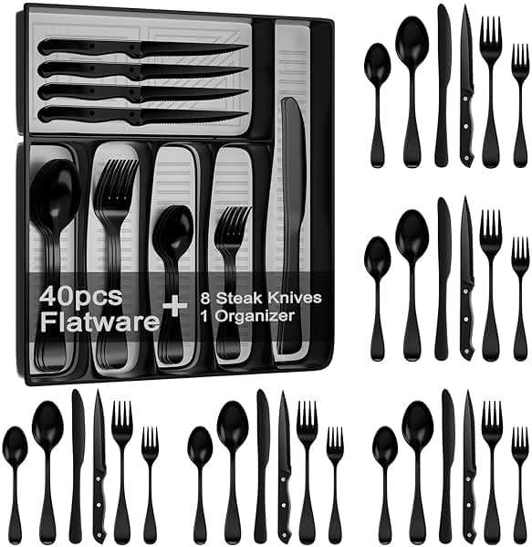 JUNLIN 49 Pieces Black Silverware Set with Steak Knives, Stainless Steel Silverware with Organizer Flatware Utensils Set for 8, Forks and Spoons Silverware Set Cutlery Set - Image 1
