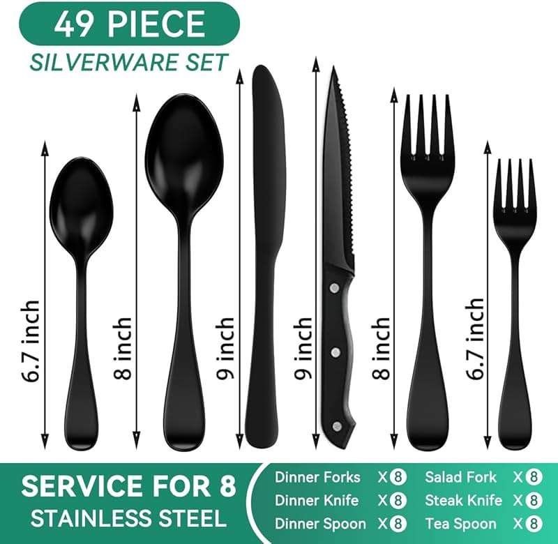 JUNLIN 49 Pieces Black Silverware Set with Steak Knives, Stainless Steel Silverware with Organizer Flatware Utensils Set for 8, Forks and Spoons Silverware Set Cutlery Set - Image 3