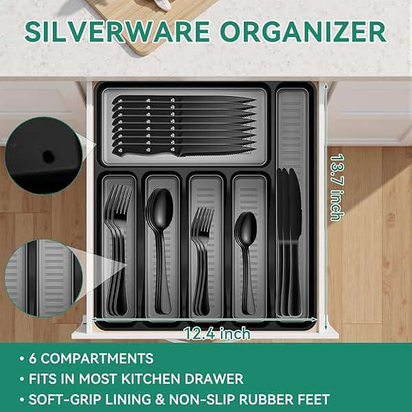 JUNLIN 49 Pieces Black Silverware Set with Steak Knives, Stainless Steel Silverware with Organizer Flatware Utensils Set for 8, Forks and Spoons Silverware Set Cutlery Set - Image 4