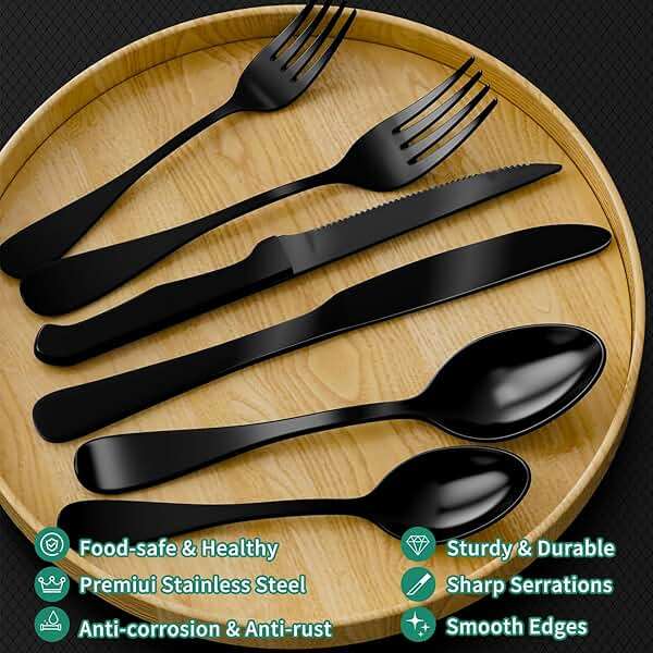 JUNLIN 49 Pieces Black Silverware Set with Steak Knives, Stainless Steel Silverware with Organizer Flatware Utensils Set for 8, Forks and Spoons Silverware Set Cutlery Set - Image 7