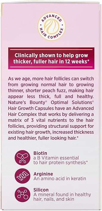 Nature's Bounty Optimal Solutions Hair Growth Supplement with Biotin, Hair Growth Vitamins with Biotin Silicon & Arginine, 1 Per Day, 30 Capsules, One Month Supply - Image 8