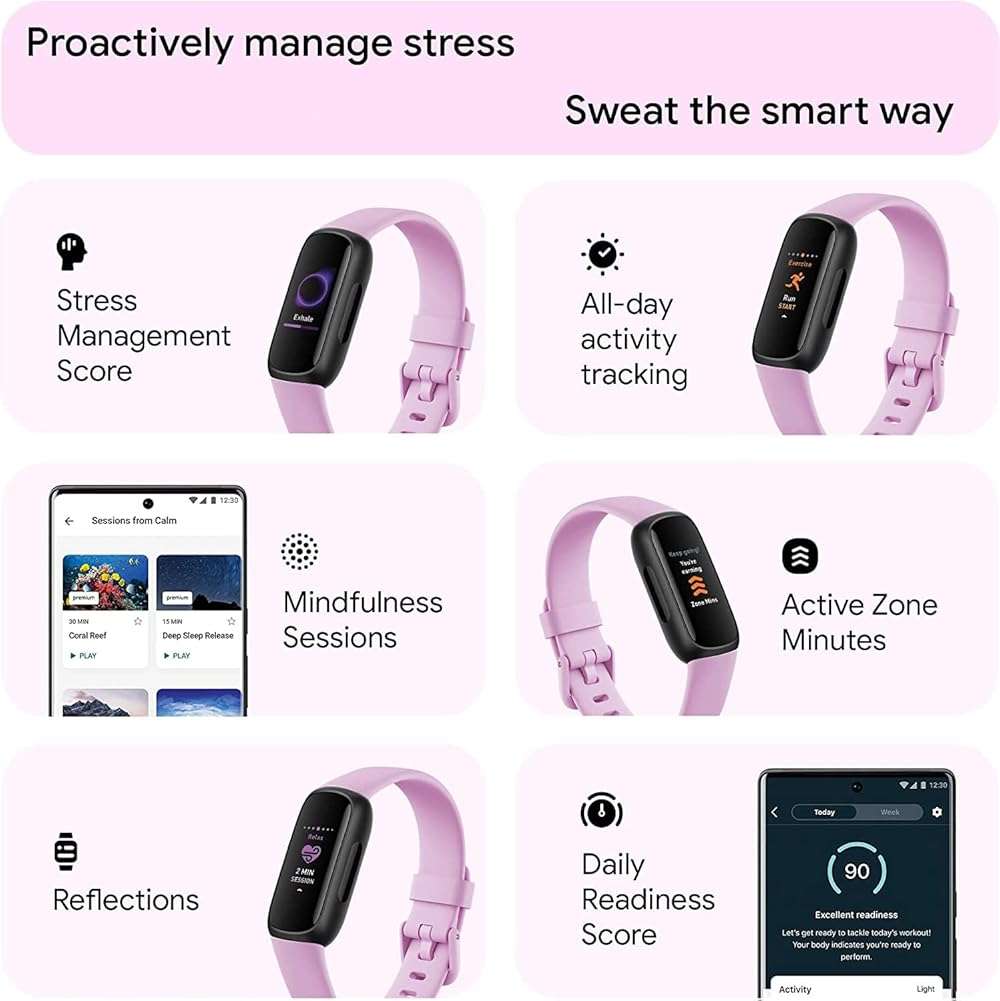 Fitbit Inspire 3 Health & Fitness Activity Tracker (Lilac Bliss) with Workout Intensity, Sleep Tracking, Heart Rate, 2 Bands, 3.3foot Charging Cable, Wall Adapter, Screen Protectors & PremGear Cloth - Image 3