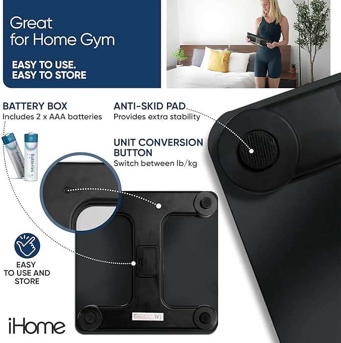 iHome Digital Scale, Bathroom Scale, Batteries Included, Scale Body Weight, Weight Scale, Bathroom Scales for Weight, Digital Scales for Body Weight (Black) - Image 4