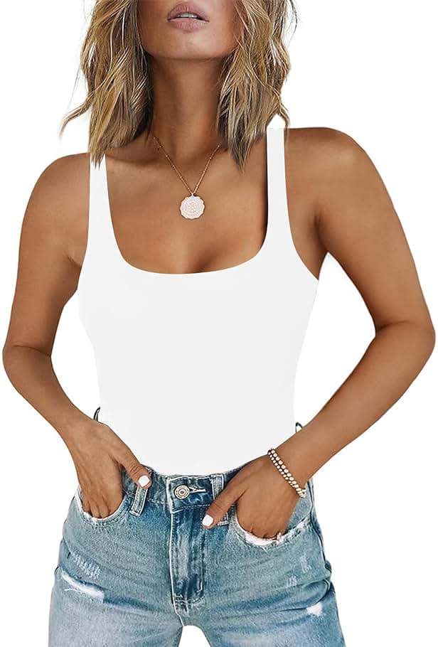 Chunpin Women's Square Neck Tank Bodysuit Sleeveless Tank Top Double Lined Body Suit Going Out Outfits Thong Bodysuits - Image 1