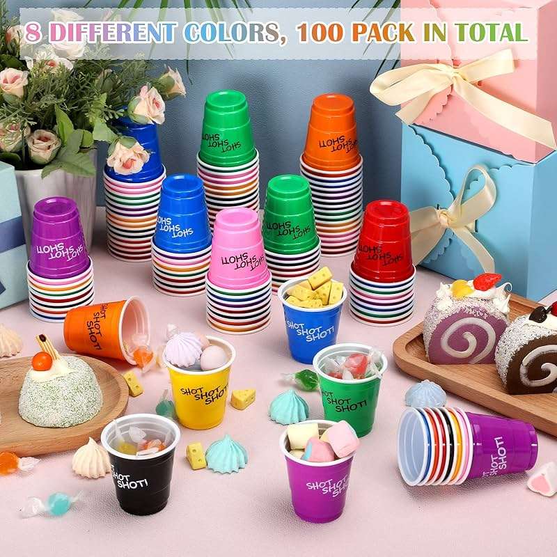 Lounsweer 100 Pieces Plastic Cups 2 oz Disposable Cups Mini 2 oz Party Glasses for Bachelorette Birthday Tasting Serving Samples Cups Halloween Christmas Party Favors Supplies (Colorful) - Image 3