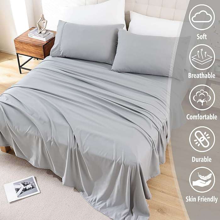 Whitney Home Textile King Sheet Set - 4 Piece Bed Sheets for King Size Bed, Extra Soft Breathable, Deep Pocket Hotel Luxury Cooling Sheets, Wrinkle Free Oeko-Tex, Grey - Image 2