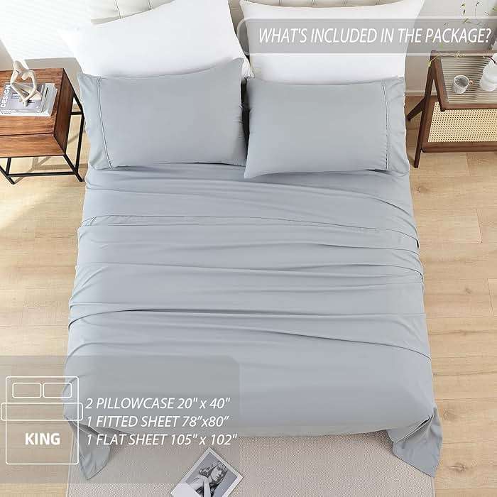Whitney Home Textile King Sheet Set - 4 Piece Bed Sheets for King Size Bed, Extra Soft Breathable, Deep Pocket Hotel Luxury Cooling Sheets, Wrinkle Free Oeko-Tex, Grey - Image 6