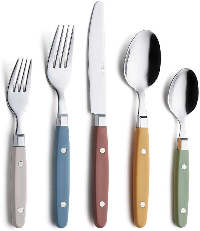 ANNOVA Silverware Set, Retro/Rivet Colorful Stainless Steel Tableware Kitchen Flatware Set Utensils, Includes Dinner Knives, Forks, Spoons, Salad Forks & Dessert Spoons (Morandi Mix, 20 Pieces) - Image 1