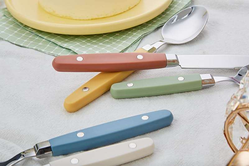 ANNOVA Silverware Set, Retro/Rivet Colorful Stainless Steel Tableware Kitchen Flatware Set Utensils, Includes Dinner Knives, Forks, Spoons, Salad Forks & Dessert Spoons (Morandi Mix, 20 Pieces) - Image 7